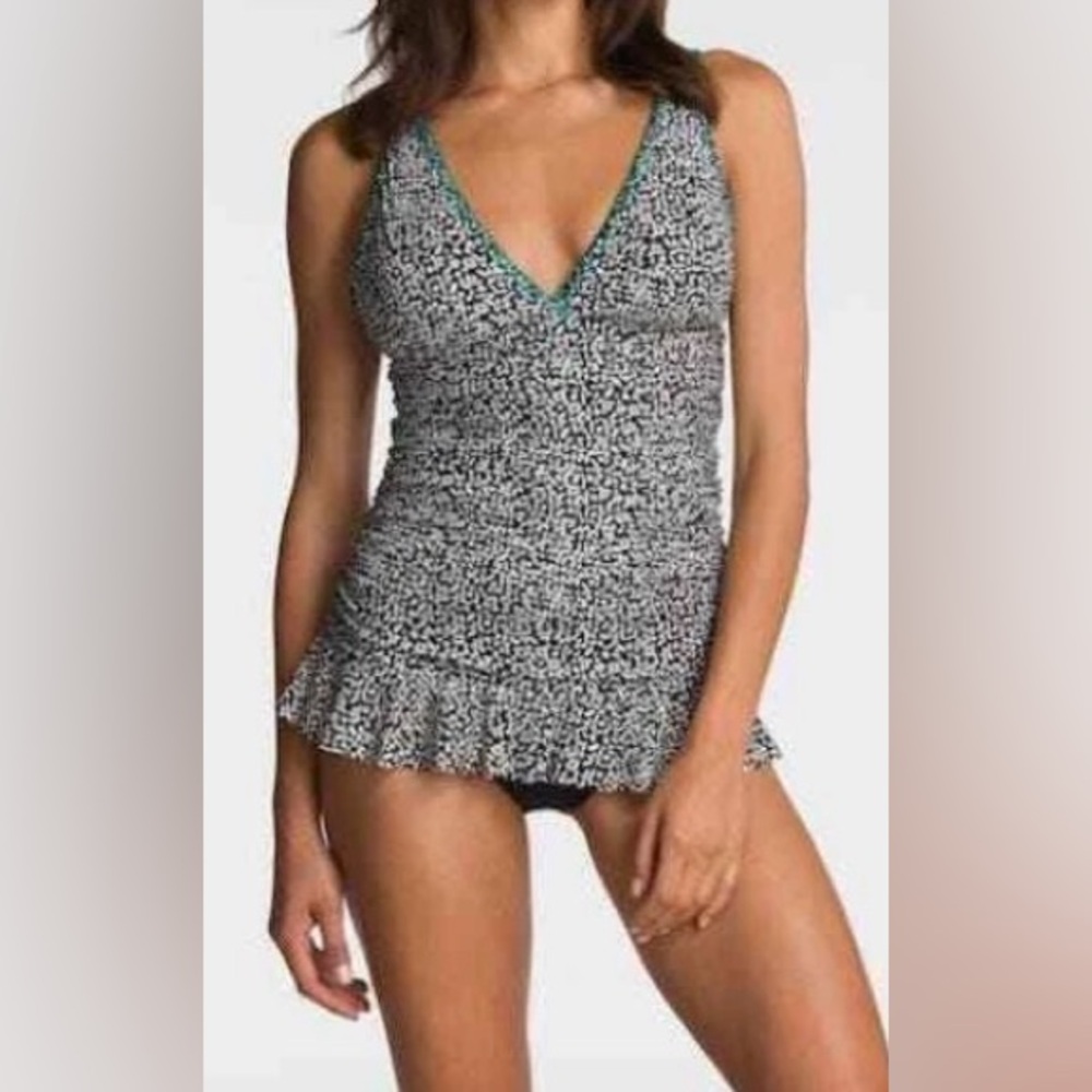 La Blanca one piece swim dress with tummy control-teal embroidered V-neck